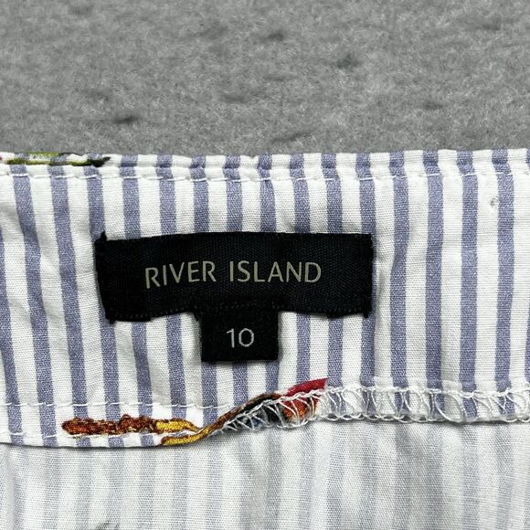 River Island Midi Skirt Womens Size 10 Blue White Stripe Floral Pockets Slit - Picture 9 of 12